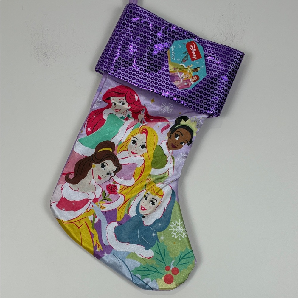 NWT Disney Princess Festive Christmas Stocking Purple Sequence Cuff Ariel Belle
